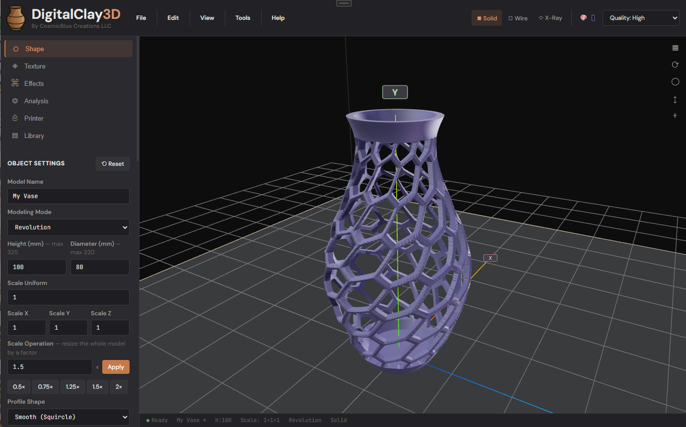 DigitalClay3D modeling app showing a parametric Voronoi-pattern vase